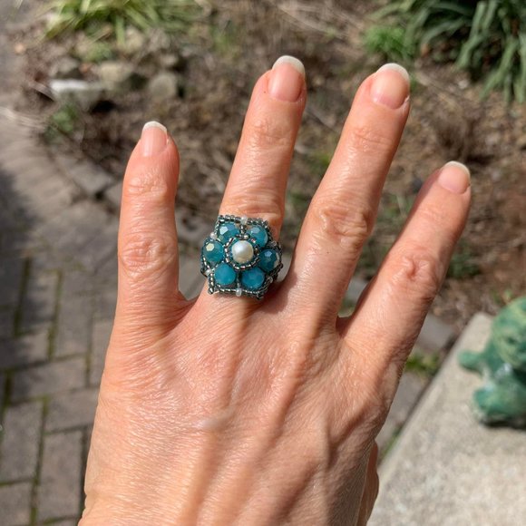 🌷3 for$25🌷Handmade Turquoise Gold & White Beaded Ring, Fits Up to Ring Size 9 - Picture 2 of 5